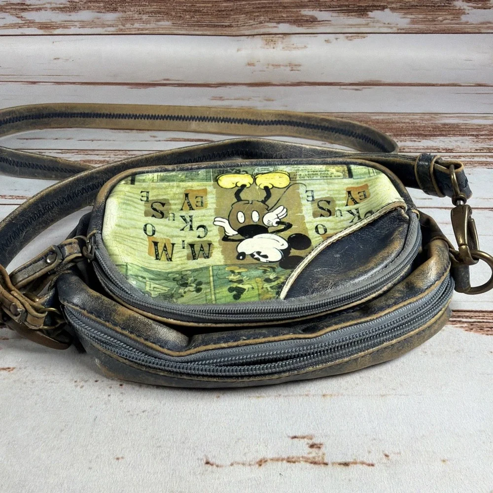 Disney Mickey Mouse Crossbody Bag Purse Distressed Faux Leather Denim Look Blue